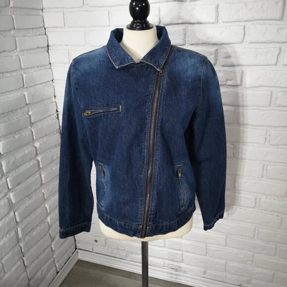 Per Se Ladies Size Large Medium Wash Offset Full Zipper Straight Fit Jean Jacket - Picture 4 of 10